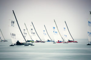 ice sailing European Championship on Lake Balaton in Hungary, the regatta field high on the wind on the way to the turning point shortly after the start ice sailing European Championship on Lake Balaton in Hungary, the regatta field high on the wind on the way to the turning point shortly after the start